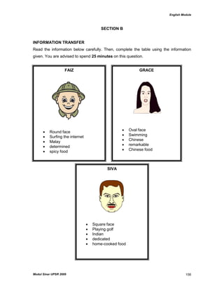 English Module
Modul Sinar UPSR 2009 156
SECTION B
INFORMATION TRANSFER
Read the information below carefully. Then, complete the table using the information
given. You are advised to spend 25 minutes on this question.
FAIZ
 Round face
 Surfing the internet
 Malay
 determined
 spicy food
GRACE
 Oval face
 Swimming
 Chinese
 remarkable
 Chinese food
SIVA
 Square face
 Playing golf
 Indian
 dedicated
 home-cooked food
 