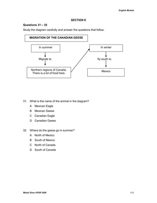 English Module
Modul Sinar UPSR 2009 171
SECTION E
Questions 31 – 35
Study the diagram carefully and answer the questions that follow.
Migrate to fly south to
31. What is the name of the animal in the diagram?
A Mexican Eagle
B Mexican Geese
C Canadian Eagle
D Canadian Geese
32. Where do the geese go in summer?
A North of Mexico
B South of Mexico
C North of Canada
D South of Canada
MIGRATION OF THE CANADIAN GEESE
In summer
Northern regions of Canada.
There is a lot of food here.
In winter
Mexico
 