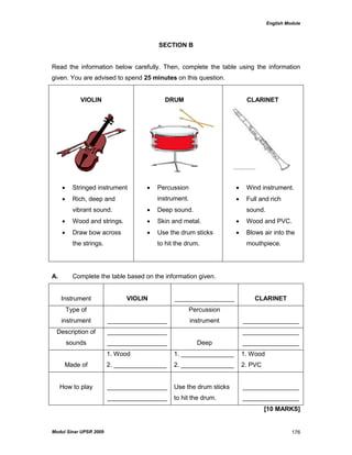 English Module
Modul Sinar UPSR 2009 176
SECTION B
Read the information below carefully. Then, complete the table using the information
given. You are advised to spend 25 minutes on this question.
VIOLIN
 Stringed instrument
 Rich, deep and
vibrant sound.
 Wood and strings.
 Draw bow across
the strings.
DRUM
 Percussion
instrument.
 Deep sound.
 Skin and metal.
 Use the drum sticks
to hit the drum.
CLARINET
 Wind instrument.
 Full and rich
sound.
 Wood and PVC.
 Blows air into the
mouthpiece.
A. Complete the table based on the information given.
Instrument VIOLIN _________________ CLARINET
Type of
instrument _________________
Percussion
instrument ________________
Description of
sounds
_________________
_________________ Deep
________________
________________
Made of
1. Wood
2. _______________
1. _______________
2. _______________
1. Wood
2. PVC
How to play _________________
_________________
Use the drum sticks
to hit the drum.
________________
________________
[10 MARKS]
 
