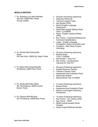 English Module
Modul Sinar UPSR 2009 4
MODULE WRITERS:
1. Pn. Rozieana Lucy Binti Abdullah
SK Parit, 32800 Parit, Perak.
(Group Leader)
 28 years of teaching experience.
 State Key Personnel.
 Teacher‟s Support Team.
 Item Builder (PPK).
 District English Language
Chairperson.
 District Item Builder,Module Writer
(Year 1,2,3-KBSR)
 Panel - English Literature Books
(PPK).
 Key Trainer – Extensive Reading and
Curriculum Specifications.
 Judge – English Language
Competition, District and State Level.
 Facilitator – Elite Class (Tuisyen
Gemilang).
2. Pn. Norizan Binti Sulong Mat
Serah
SK Pasir Kubu, 36800 Kg. Gajah, Perak.
 29 years of teaching experience.
 Module Writer
(Year 1-3 KBSR)
 Item Builder – (Year 4-6)
 Key Trainer – Contemporary
Literature for Year 4-6.
3. Pn. Maria Binti Kamal Mustaffa
SK Belanja, 32800 Parit, Perak.
 29 years of teaching experience.
 English Resource Teacher.
 Teacher‟s Support Team.
 Assessment and Evaluation Panel.
 District Item Builder.
 Module Writer Year 2,3-KBSR
4. Pn. Shalina Binti Abd. Majid
SK Teluk Bakong, 32900 Lambor
Kanan, Perak.
 21 years of teaching experience.
 Module Writer
 Assessment and Evaluation Panel.
 District Level English Workshop –
Chairperson.
5. Pn. Zarinom Binti Md Noor
SK Titi Gantong, 32600 Bota, Perak.
 15 years of teaching experience.
 Key Trainer – ICT Literacy (JPN)
 Key Trainer – SPBT
 DEAR module panelist (Perak
Tengah).
 Perak Tengah MGB Item Builder.
 