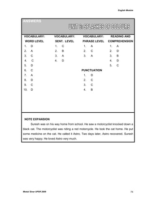 English Module
Modul Sinar UPSR 2009 74
ANSWERS
VOCABULARY:
WORD LEVEL
VOCABULARY:
SENT. LEVEL
VOCABULARY:
PHRASE LEVEL
READING AND
COMPREHENSION
1. D 1. C 1. A 1. A
2. A 2. B 2. C 2. D
3. C 3. A 3. A 3. B
4. C 4. D 4. D
5. D 5. C
6. C PUNCTUATION
7. A 1. D
8. D 2. C
9. C 3. C
10. D 4. B
NOTE EXPANSION
Suresh was on his way home from school. He saw a motorcyclist knocked down a
black cat. The motorcyclist was riding a red motorcycle. He took the cat home. He put
some medicine on the cat. He called it Astro. Two days later, Astro recovered. Suresh
was very happy. He loved Astro very much.
 