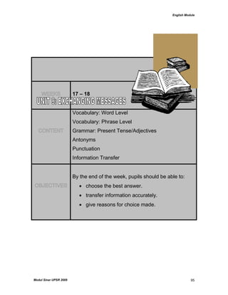 English Module
Modul Sinar UPSR 2009 95
WEEKS 17 – 18
CONTENT
Vocabulary: Word Level
Vocabulary: Phrase Level
Grammar: Present Tense/Adjectives
Antonyms
Punctuation
Information Transfer
OBJECTIVES
By the end of the week, pupils should be able to:
 choose the best answer.
 transfer information accurately.
 give reasons for choice made.
 