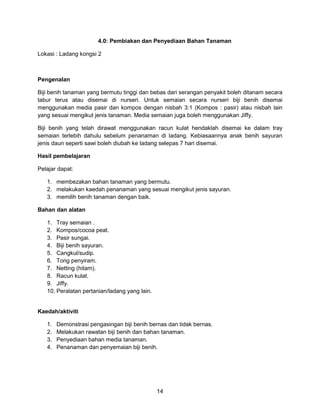 14
4.0: Pembiakan dan Penyediaan Bahan Tanaman
Lokasi : Ladang kongsi 2
Pengenalan
Biji benih tanaman yang bermutu tinggi dan bebas dari serangan penyakit boleh ditanam secara
tabur terus atau disemai di nurseri. Untuk semaian secara nurseri biji benih disemai
menggunakan media pasir dan kompos dengan nisbah 3:1 (Kompos : pasir) atau nisbah lain
yang sesuai mengikut jenis tanaman. Media semaian juga boleh menggunakan Jiffy.
Biji benih yang telah dirawat menggunakan racun kulat hendaklah disemai ke dalam tray
semaian terlebih dahulu sebelum penanaman di ladang. Kebiasaannya anak benih sayuran
jenis daun seperti sawi boleh diubah ke ladang selepas 7 hari disemai.
Hasil pembelajaran
Pelajar dapat:
1. membezakan bahan tanaman yang bermutu.
2. melakukan kaedah penanaman yang sesuai mengikut jenis sayuran.
3. memilih benih tanaman dengan baik.
Bahan dan alatan
1. Tray semaian .
2. Kompos/cocoa peat.
3. Pasir sungai.
4. Biji benih sayuran.
5. Cangkul/sudip.
6. Tong penyiram.
7. Netting (hitam).
8. Racun kulat.
9. Jiffy.
10. Peralatan pertanian/ladang yang lain.
Kaedah/aktiviti
1. Demonstrasi pengasingan biji benih bernas dan tidak bernas.
2. Melakukan rawatan biji benih dan bahan tanaman.
3. Penyediaan bahan media tanaman.
4. Penanaman dan penyemaian biji benih.
 