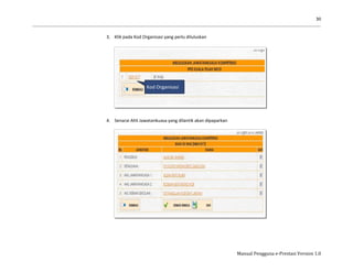 30
Manual Pengguna e-Prestasi Version 1.0
3. Klik pada Kod Organisasi yang perlu diluluskan
4. Senarai Ahli Jawatankuasa yang dilantik akan dipaparkan
Kod Organisasi
 