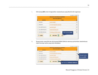 31
Manual Pengguna e-Prestasi Version 1.0
i. Klik butang SAH untuk mengesahkan Jawatankuasa yang dilantik oleh organisasi
ii. Buang tanda ruang SAH dan klik butang SEMAK SEMULA sekiranya perlantikan Jawatankuasa
tidak menetapi syarat yang telah ditetapkan.
Buang tanda
butang SAH
Klik Butang SEMAK SEMULA
Klik butang SAH
 