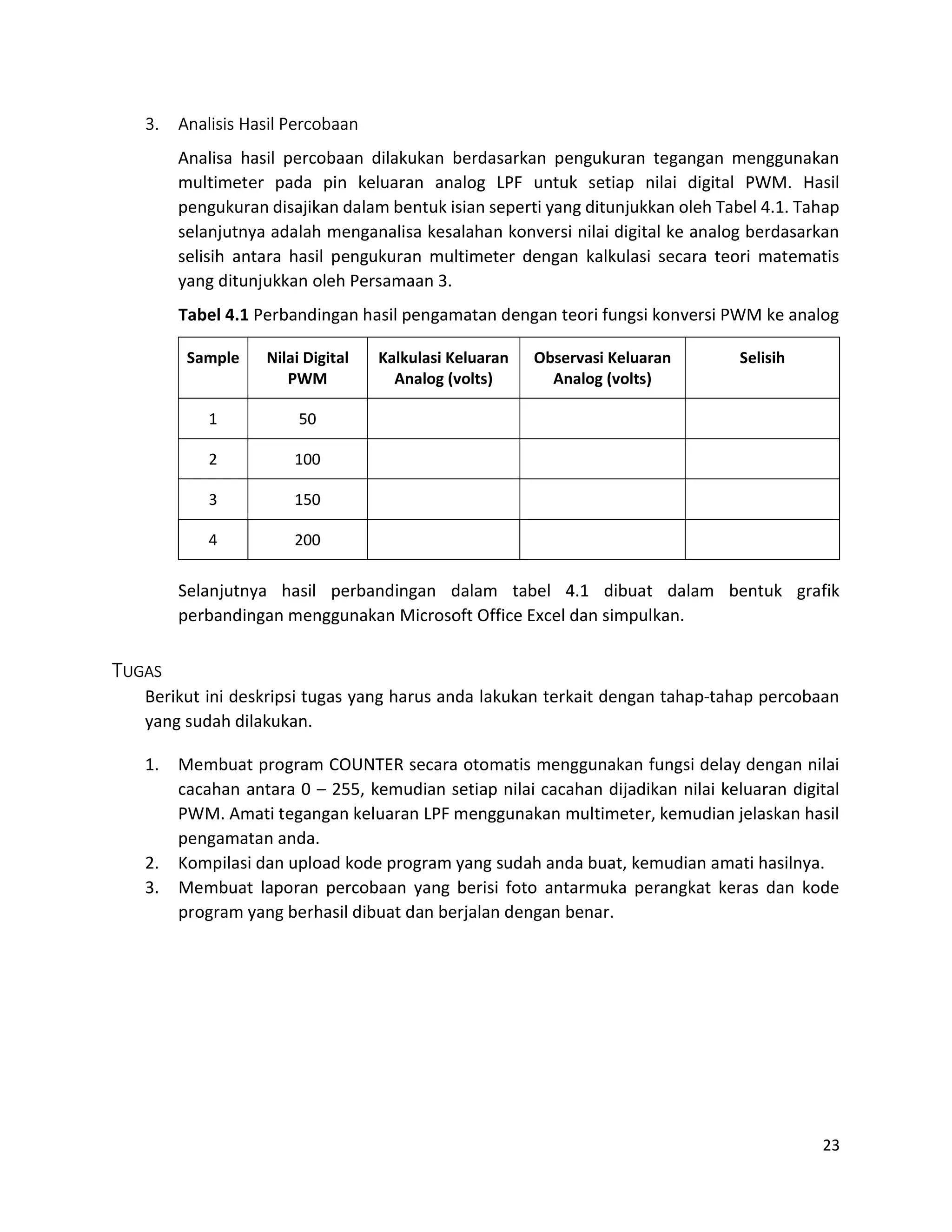 23
3. Analisis Hasil Percobaan
Analisa hasil percobaan dilakukan berdasarkan pengukuran tegangan menggunakan
multimeter pada pin keluaran analog LPF untuk setiap nilai digital PWM. Hasil
pengukuran disajikan dalam bentuk isian seperti yang ditunjukkan oleh Tabel 4.1. Tahap
selanjutnya adalah menganalisa kesalahan konversi nilai digital ke analog berdasarkan
selisih antara hasil pengukuran multimeter dengan kalkulasi secara teori matematis
yang ditunjukkan oleh Persamaan 3.
Tabel 4.1 Perbandingan hasil pengamatan dengan teori fungsi konversi PWM ke analog
Sample Nilai Digital
PWM
Kalkulasi Keluaran
Analog (volts)
Observasi Keluaran
Analog (volts)
Selisih
1 50
2 100
3 150
4 200
Selanjutnya hasil perbandingan dalam tabel 4.1 dibuat dalam bentuk grafik
perbandingan menggunakan Microsoft Office Excel dan simpulkan.
TUGAS
Berikut ini deskripsi tugas yang harus anda lakukan terkait dengan tahap-tahap percobaan
yang sudah dilakukan.
1. Membuat program COUNTER secara otomatis menggunakan fungsi delay dengan nilai
cacahan antara 0 – 255, kemudian setiap nilai cacahan dijadikan nilai keluaran digital
PWM. Amati tegangan keluaran LPF menggunakan multimeter, kemudian jelaskan hasil
pengamatan anda.
2. Kompilasi dan upload kode program yang sudah anda buat, kemudian amati hasilnya.
3. Membuat laporan percobaan yang berisi foto antarmuka perangkat keras dan kode
program yang berhasil dibuat dan berjalan dengan benar.
 