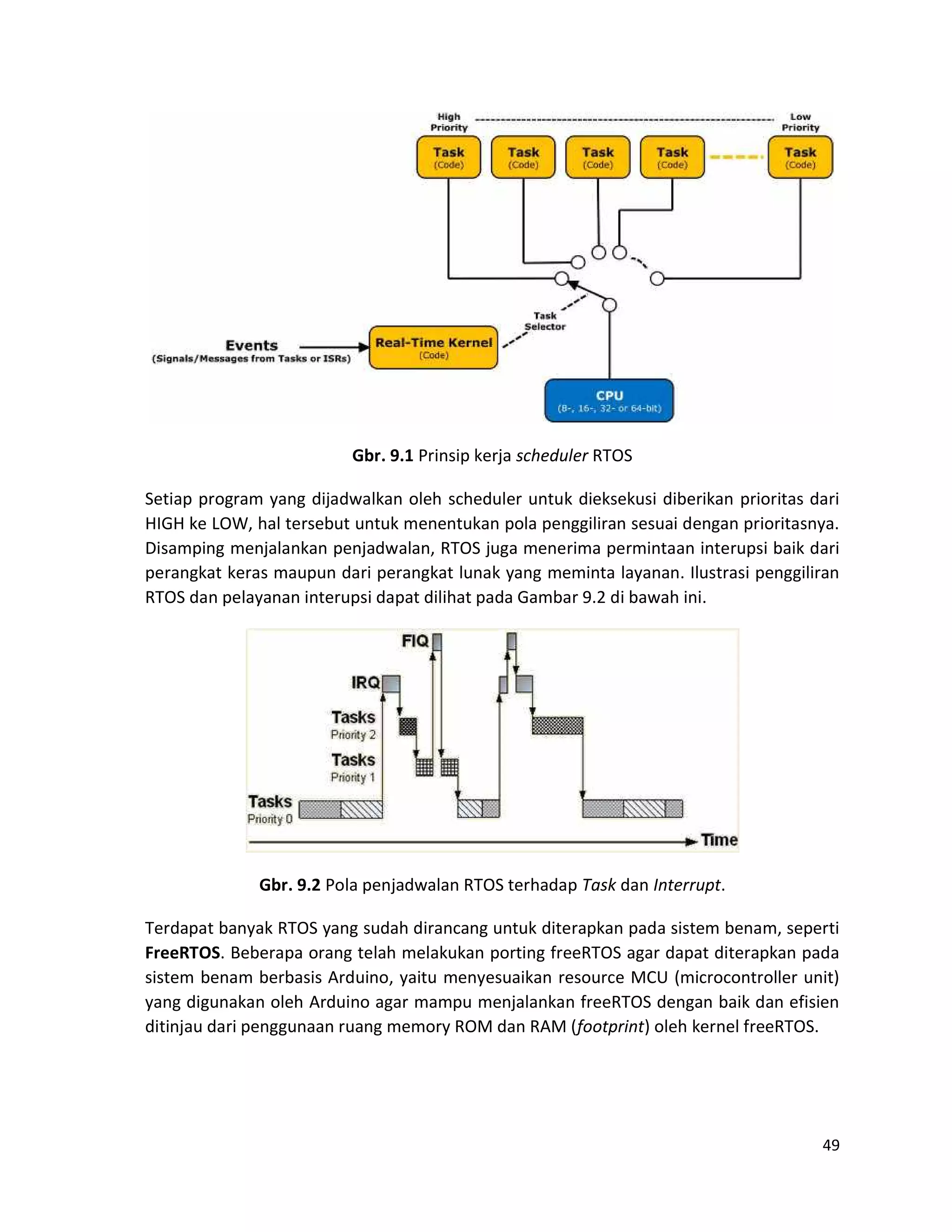 49
Gbr. 9.1 Prinsip kerja scheduler RTOS
Setiap program yang dijadwalkan oleh scheduler untuk dieksekusi diberikan prioritas dari
HIGH ke LOW, hal tersebut untuk menentukan pola penggiliran sesuai dengan prioritasnya.
Disamping menjalankan penjadwalan, RTOS juga menerima permintaan interupsi baik dari
perangkat keras maupun dari perangkat lunak yang meminta layanan. Ilustrasi penggiliran
RTOS dan pelayanan interupsi dapat dilihat pada Gambar 9.2 di bawah ini.
Gbr. 9.2 Pola penjadwalan RTOS terhadap Task dan Interrupt.
Terdapat banyak RTOS yang sudah dirancang untuk diterapkan pada sistem benam, seperti
FreeRTOS. Beberapa orang telah melakukan porting freeRTOS agar dapat diterapkan pada
sistem benam berbasis Arduino, yaitu menyesuaikan resource MCU (microcontroller unit)
yang digunakan oleh Arduino agar mampu menjalankan freeRTOS dengan baik dan efisien
ditinjau dari penggunaan ruang memory ROM dan RAM (footprint) oleh kernel freeRTOS.
 