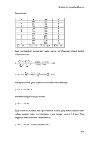 Analsis Korelasi dan Regresi
134
Penyelesaian:
x y xy x2
1 60 60 1
1 65 65 1
2 70 140 4
2 70 140 4
2 75 150 4
3 80 240 9
3 85 255 9
3 85 255 9
3 90 270 9
4 90 360 16
  24x   770y   1935xy   662
x
Bagi mendapatkan persamaan garis regresi, penghitungan seperti berikut
boleh dilakukan:
 
36.10
)24()66(10
)770)(24()1935(10
222






 
  
xxn
yx-xyn
b
14.52
10
24
)36.10(
10
770


n
x
b
n
y
xbya
Maka persamaan garis regresi mudah boleh ditulis sebagai:
exy  36.1014.52
Manakala anggaran bagi y adalah
xy 36.1014.52ˆ 
Bagi contoh ini, katakan kita ingin meramal markah yang bakal diperoleh oleh
pelajar apabila beliau menghabiskan masa belajar selama 3.5 jam. Nilai
anggaran markah adalah seperti berikut:
4.88)5.3)(36.10(14.5236.1014.52ˆ  xy
 