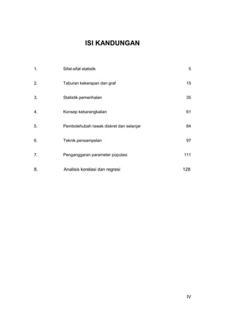IV
ISI KANDUNGAN
1. Sifat-sifat statistik 5
2. Taburan kekerapan dan graf 15
3. Statistik pemerihalan 35
4. Konsep kebarangkalian 61
5. Pembolehubah rawak diskret dan selanjar 84
6. Teknik pensampelan 97
7. Penganggaran parameter populasi 111
8. Analisis korelasi dan regresi 128
 