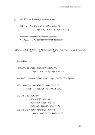 Konsep Kebarangkalian
66
g) Jika X, Y dan Z ialah tiga peristiwa, maka
K(X  Y  Z) = K(X) + K(Y) + K(Z) – K(X  Y )
- K(X  Z ) - K(Y  Z ) + K(X  Y  Z )
secara umumnya untuk sebarang peristiwa
X1 , X2 , X3 , …, Xn petua berikut boleh digunakan:
         ni
kji
kji
ji
Ji
i
in XXKXXXKXXKXKXXK   
.........1
Pembuktian
K(X  Y  Z) = K(X) + K(Y)+ K(Z) – K(X  Y )
- K(X Z ) - K(Y Z ) + K(X  Y Z )
Biar WY  Z, maka X  W X  (Y  Z)  (X  Y)  (X  Z) dan
K(X  W)  K(X Y)  K(X Z) - K(X Y X Z)
= K(X Y) + K(X  Z) - K(X Y Z) maka,
K(X  Y  Z ) K(X W)
=K(X) + K(W) - K(X W)
=K(X) + K(Y) + K(Z) - K(Y Z)
-[K(X Y) + K(X Z) - K(XY Z)]
K(X  Y  Z) = K(X) + K(Y)+ K(Z) – K(X  Y )
- K(X Z ) - K(Y Z ) + K(X Y Z ).
 