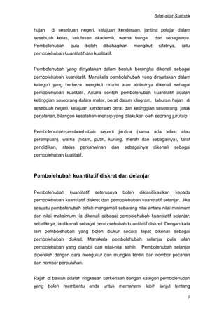 Sifat-sifat Statistik
7
hujan di sesebuah negeri, kelajuan kenderaan, jantina pelajar dalam
sesebuah kelas, kelulusan akademik, warna bunga dan sebagainya.
Pembolehubah pula boleh dibahagikan mengikut sifatnya, iaitu
pembolehubah kuantitatif dan kualitatif.
Pembolehubah yang dinyatakan dalam bentuk berangka dikenali sebagai
pembolehubah kuantitatif. Manakala pembolehubah yang dinyatakan dalam
kategori yang berbeza mengikut ciri-ciri atau atributnya dikenali sebagai
pembolehubah kualitatif. Antara contoh pembolehubah kuantitatif adalah
ketinggian seseorang dalam meter, berat dalam kilogram, taburan hujan di
sesebuah negeri, kelajuan kenderaan berat dan ketinggian seseorang, jarak
perjalanan, bilangan kesalahan menaip yang dilakukan oleh seorang jurutaip.
Pembolehubah-pembolehubah seperti jantina (sama ada lelaki atau
perempuan), warna (hitam, putih, kuning, merah dan sebagainya), taraf
pendidikan, status perkahwinan dan sebagainya dikenali sebagai
pembolehubah kualitatif.
Pembolehubah kuantitatif diskret dan delanjar
Pembolehubah kuantitatif seterusnya boleh diklasifikasikan kepada
pembolehubah kuantitatif diskret dan pembolehubah kuantitatif selanjar. Jika
sesuatu pembolehubah boleh mengambil sebarang nilai antara nilai minimum
dan nilai maksimum, ia dikenali sebagai pembolehubah kuantitatif selanjar;
sebaliknya, ia dikenali sebagai pembolehubah kuantitatif diskret. Dengan kata
lain pembolehubah yang boleh diukur secara tepat dikenali sebagai
pembolehubah diskret. Manakala pembolehubah selanjar pula ialah
pembolehubah yang diambil dari nilai-nilai sahih. Pembolehubah selanjar
diperoleh dengan cara mengukur dan mungkin terdiri dari nombor pecahan
dan nombor perpuluhan.
Rajah di bawah adalah ringkasan berkenaan dengan kategori pembolehubah
yang boleh membantu anda untuk memahami lebih lanjut tentang
 