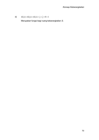 Konsep Kebarangkalian
70
d) 10)()()( 8
7
8
1
 zKyKxK
Merupakan fungsi bagi ruang kebarangkalian S.
 