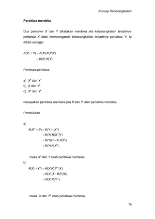 Konsep Kebarangkalian
76
Persitiwa merdeka
Dua peristiwa X dan Y dikatakan merdeka jika kebarangkalian terjadinya
peristiwa X tidak mempengaruhi kebarangkalian terjadinya peristiwa Y. Ia
ditulis sebagai:
K(X  Y)  K(X) K(Y|X)
 K(X) K(Y)
Peristiwa-peristiwa,
a) Xc
dan Y
b) X dan Yc
c) Xc
dan Yc
merupakan peristiwa merdeka jika X dan Y ialah peristiwa merdeka.
Pembuktian
a)
)()(
)]([)(
)()(
)()(
c
c
cc
XKYK
YXK1YK
YXKYK
XYKYXK




maka Xc
dan Y ialah peristiwa merdeka.
b)
)()(
)]([)(
)()()(
c
cc
YKXK
XYK1XK
XYKXKYXK



maka X dan Yc
ialah peristiwa merdeka.
 