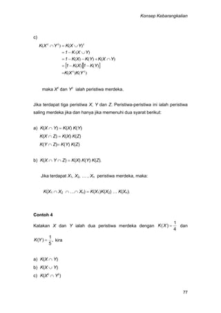 Konsep Kebarangkalian
77
c)
  
)()(
)()(
)()()(
)(
)()(
cc
ccc
YKXK
YK1XK1
YXKYKXK1
YXK1
YXKYXK





maka Xc
dan Yc
ialah peristiwa merdeka.
Jika terdapat tiga peristiwa X, Y dan Z. Peristiwa-peristiwa ini ialah peristiwa
saling merdeka jika dan hanya jika memenuhi dua syarat berikut:
a) K(X  Y)  K(X) K(Y)
K(X  Z)  K(X) K(Z)
K(Y  Z) K(Y) K(Z)
b) K(X  Y  Z)  K(X) K(Y) K(Z).
Jika terdapat X1, X2, … , Xn peristiwa merdeka, maka:
K(X1  X2  … Xn)  K(X1)K(X2) … K(Xn).
Contoh 4
Katakan X dan Y ialah dua peristiwa merdeka dengan
4
1
)( XK dan
,
5
1
)( YK kira
a) K(X  Y)
b) K(X  Y)
c) K(Xc
 Yc
)
 
