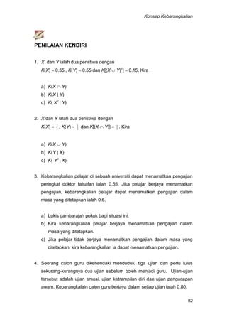 Konsep Kebarangkalian
82
PENILAIAN KENDIRI
1. X dan Y ialah dua peristiwa dengan
K(X)  0.35 , K(Y)  0.55 dan K[(X  Y)c
]  0.15. Kira
a) K(X  Y)
b) K(X | Y)
c) K( Xc
| Y)
2. X dan Y ialah dua peristiwa dengan
K(X)  5
2
, K(Y)  3
2
dan K[(X  Y)]  5
1
. Kira
a) K(X  Y)
b) K(Y | X)
c) K( Yc
| X)
3. Kebarangkalian pelajar di sebuah universiti dapat menamatkan pengajian
peringkat doktor falsafah ialah 0.55. Jika pelajar berjaya menamatkan
pengajian, kebarangkalian pelajar dapat menamatkan pengajian dalam
masa yang ditetapkan ialah 0.6.
a) Lukis gambarajah pokok bagi situasi ini.
b) Kira kebarangkalian pelajar berjaya menamatkan pengajian dalam
masa yang ditetapkan.
c) Jika pelajar tidak berjaya menamatkan pengajian dalam masa yang
ditetapkan, kira kebarangkalian ia dapat menamatkan pengajian.
4. Seorang calon guru dikehendaki menduduki tiga ujian dan perlu lulus
sekurang-kurangnya dua ujian sebelum boleh menjadi guru. Ujian-ujian
tersebut adalah ujian emosi, ujian ketrampilan diri dan ujian pengucapan
awam. Kebarangkalain calon guru berjaya dalam setiap ujian ialah 0.80.
 