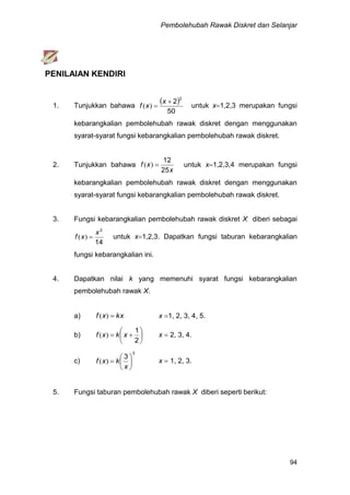 Pembolehubah Rawak Diskret dan Selanjar
94
PENILAIAN KENDIRI
1. Tunjukkan bahawa
 
50
2
2


x
xf )( untuk x1,2,3 merupakan fungsi
kebarangkalian pembolehubah rawak diskret dengan menggunakan
syarat-syarat fungsi kebarangkalian pembolehubah rawak diskret.
2. Tunjukkan bahawa
x
xf
25
12
)( untuk x1,2,3,4 merupakan fungsi
kebarangkalian pembolehubah rawak diskret dengan menggunakan
syarat-syarat fungsi kebarangkalian pembolehubah rawak diskret.
3. Fungsi kebarangkalian pembolehubah rawak diskret X diberi sebagai
14
2
x
xf )( untuk x1,2,3. Dapatkan fungsi taburan kebarangkalian
fungsi kebarangkalian ini.
4. Dapatkan nilai k yang memenuhi syarat fungsi kebarangkalian
pembolehubah rawak X.
a) kxxf )( x 1, 2, 3, 4, 5.
b) 






2
1
xkxf )( x  2, 3, 4.
c)
3
3







x
kxf )( x  1, 2, 3.
5. Fungsi taburan pembolehubah rawak X diberi seperti berikut:
 