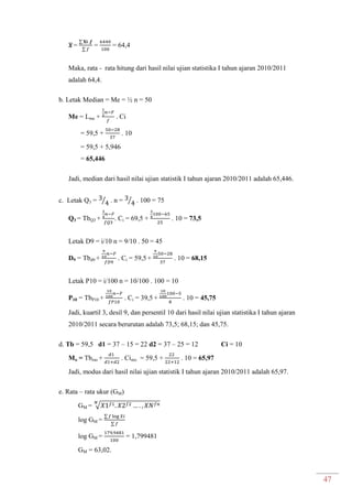47
̅ =
∑
∑
= = 64,4
Maka, rata - rata hitung dari hasil nilai ujian statistika I tahun ajaran 2010/2011
adalah 64,4.
b. Letak Median = Me = ½ n = 50
Me = Lme + . Ci
= 59,5 + . 10
= 59,5 + 5,946
= 65,446
Jadi, median dari hasil nilai ujian statistik I tahun ajaran 2010/2011 adalah 65,446.
c. Letak Q3 = ⁄ . n = ⁄ . 100 = 75
Q3 = TbQ3 + . Ci = 69,5 + . 10 = 73,5
Letak D9 = i/10 n = 9/10 . 50 = 45
D9 = Tbd9 + . Ci = 59,5 + . 10 = 68,15
Letak P10 = i/100 n = 10/100 . 100 = 10
P10 = TbP10 + . Ci = 39,5 + . 10 = 45,75
Jadi, kuartil 3, desil 9, dan persentil 10 dari hasil nilai ujian statistika I tahun ajaran
2010/2011 secara berurutan adalah 73,5; 68,15; dan 45,75.
d. Tb = 59,5 d1 = 37 – 15 = 22 d2 = 37 – 25 = 12 Ci = 10
Mo = Tbmo + . Cimo = 59,5 + . 10 = 65,97
Jadi, modus dari hasil nilai ujian statistik I tahun ajaran 2010/2011 adalah 65,97.
e. Rata – rata ukur (GM)
GM = √
log GM =
∑
∑
log GM = = 1,799481
GM = 63,02.
 