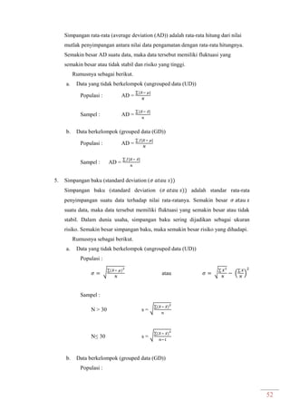 52
Simpangan rata-rata (average deviation (AD)) adalah rata-rata hitung dari nilai
mutlak penyimpangan antara nilai data pengamatan dengan rata-rata hitungnya.
Semakin besar AD suatu data, maka data tersebut memiliki fluktuasi yang
semakin besar atau tidak stabil dan risiko yang tinggi.
Rumusnya sebagai berikut.
a. Data yang tidak berkelompok (ungrouped data (UD))
Populasi : AD =
∑
Sampel : AD =
∑ ̅
b. Data berkelompok (grouped data (GD))
Populasi : AD =
∑
Sampel : AD =
∑ ̅
5. Simpangan baku (standard deviation (
Simpangan baku (standard deviation ( adalah standar rata-rata
penyimpangan suatu data terhadap nilai rata-ratanya. Semakin besar
suatu data, maka data tersebut memiliki fluktuasi yang semakin besar atau tidak
stabil. Dalam dunia usaha, simpangan baku sering dijadikan sebagai ukuran
risiko. Semakin besar simpangan baku, maka semakin besar risiko yang dihadapi.
Rumusnya sebagai berikut.
a. Data yang tidak berkelompok (ungrouped data (UD))
Populasi :
√∑
atau √∑
(
∑
)
Sampel :
N > 30 s = √∑ ̅
N≤ 30 s = √∑ ̅
b. Data berkelompok (grouped data (GD))
Populasi :
 
