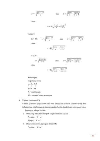 53
√∑
atau √∑
(
∑
)
Atau
√∑
(
∑
)
Sampel :
N > 30 : s = √∑ ̅
atau √∑
(
∑
)
Atau
s = √∑
(
∑
)
n ≤ 30 :
s = √∑ ̅
atau √
∑
(
∑
)
atau
s = √
∑
(
∑
)
Keterangan:
c : panjang kelas
u = =
d = X - M
X = nilai tengah
M = rata-rata hitung sementara
6. Varians (variance (V))
Varians (variance (V)) adalah rata-rata hitung dari deviasi kuadrat setiap data
terhadap rata-rata hitungnya atau merupakan bentuk kuadrat dari simpangan baku.
Rumusnya sebagai berikut.
a. Data yang tidak berkelompok (ungrouped data (UD))
Populasi : V =
Sampel : V =
b. Data berkelompok (grouped data (GD))
Populasi : V =
 