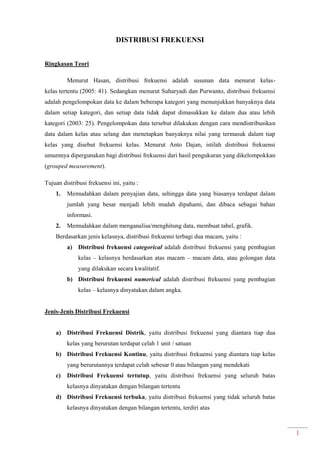 1
DISTRIBUSI FREKUENSI
Ringkasan Teori
Menurut Hasan, distribusi frekuensi adalah susunan data menurut kelas-
kelas tertentu (2005: 41). Sedangkan menurut Suharyadi dan Purwanto, distribusi frekuensi
adalah pengelompokan data ke dalam beberapa kategori yang menunjukkan banyaknya data
dalam setiap kategori, dan setiap data tidak dapat dimasukkan ke dalam dua atau lebih
kategori (2003: 25). Pengelompokan data tersebut dilakukan dengan cara mendistribusikan
data dalam kelas atau selang dan menetapkan banyaknya nilai yang termasuk dalam tiap
kelas yang disebut frekuensi kelas. Menurut Anto Dajan, istilah distribusi frekuensi
umumnya dipergunakan bagi distribusi frekuensi dari hasil pengukuran yang dikelompokkan
(grouped measurement).
Tujuan distribusi frekuensi ini, yaitu :
1. Memudahkan dalam penyajian data, sehingga data yang biasanya terdapat dalam
jumlah yang besar menjadi lebih mudah dipahami, dan dibaca sebagai bahan
informasi.
2. Memudahkan dalam menganalisa/menghitung data, membuat tabel, grafik.
Berdasarkan jenis kelasnya, distribusi frekuensi terbagi dua macam, yaitu :
a) Distribusi frekuensi categorical adalah distribusi frekuensi yang pembagian
kelas – kelasnya berdasarkan atas macam – macam data, atau golongan data
yang dilakukan secara kwalitatif.
b) Distribusi frekuensi numerical adalah distribusi frekuensi yang pembagian
kelas – kelasnya dinyatakan dalam angka.
Jenis-Jenis Distribusi Frekuensi
a) Distribusi Frekuensi Distrik, yaitu distribusi frekuensi yang diantara tiap dua
kelas yang berurutan terdapat celah 1 unit / satuan
b) Distribusi Frekuensi Kontinu, yaitu distribusi frekuensi yang diantara tiap kelas
yang berurutannya terdapat celah sebesar 0 atau bilangan yang mendekati
c) Distribusi Frekuensi tertutup, yaitu distribusi frekuensi yang seluruh batas
kelasnya dinyatakan dengan bilangan tertentu
d) Distribusi Frekuensi terbuka, yaitu distribusi frekuensi yang tidak seluruh batas
kelasnya dinyatakan dengan bilangan tertentu, terdiri atas
 