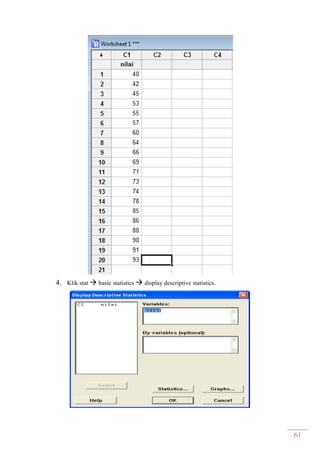 61
4. Klik stat  basic statistics  display descriptive statistics.
 