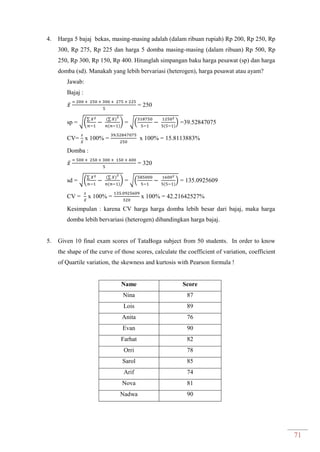 71
4. Harga 5 bajaj bekas, masing-masing adalah (dalam ribuan rupiah) Rp 200, Rp 250, Rp
300, Rp 275, Rp 225 dan harga 5 domba masing-masing (dalam ribuan) Rp 500, Rp
250, Rp 300, Rp 150, Rp 400. Hitunglah simpangan baku harga pesawat (sp) dan harga
domba (sd). Manakah yang lebih bervariasi (heterogen), harga pesawat atau ayam?
Jawab:
Bajaj :
̅ = 250
sp = √(
∑ ∑
) = √( ) =39.52847075
CV= ̅
x 100% = x 100% = 15.8113883%
Domba :
̅ = 320
sd = √(
∑ ∑
) = √( ) = 135.0925609
CV = ̅
x 100% = x 100% = 42.21642527%
Kesimpulan : karena CV harga harga domba lebih besar dari bajaj, maka harga
domba lebih bervariasi (heterogen) dibandingkan harga bajaj.
5. Given 10 final exam scores of TataBoga subject from 50 students. In order to know
the shape of the curve of those scores, calculate the coefficient of variation, coefficient
of Quartile variation, the skewness and kurtosis with Pearson formula !
Name Score
Nina 87
Lois 89
Anita 76
Evan 90
Farhat 82
Orri 78
Sarol 85
Arif 74
Nova 81
Nadwa 90
 