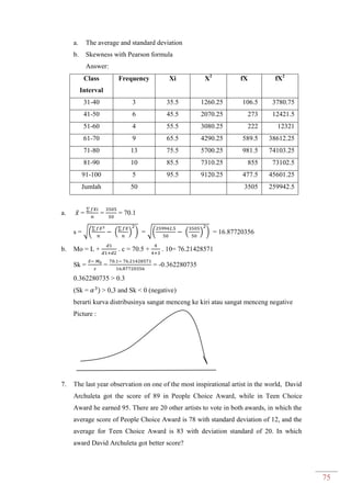 75
a. The average and standard deviation
b. Skewness with Pearson formula
Answer:
Class
Interval
Frequency Xi X2
fX fX2
31-40 3 35.5 1260.25 106.5 3780.75
41-50 6 45.5 2070.25 273 12421.5
51-60 4 55.5 3080.25 222 12321
61-70 9 65.5 4290.25 589.5 38612.25
71-80 13 75.5 5700.25 981.5 74103.25
81-90 10 85.5 7310.25 855 73102.5
91-100 5 95.5 9120.25 477.5 45601.25
Jumlah 50 3505 259942.5
a. ̅ =
∑
= = 70.1
s = √(
∑
(
∑
) ) = √( ( ) ) = 16.87720356
b. Mo = L + . c = 70.5 + . 10= 76.21428571
Sk =
̅
= = -0.362280735
0.362280735 > 0.3
(Sk = > 0,3 and Sk < 0 (negative)
berarti kurva distribusinya sangat menceng ke kiri atau sangat menceng negative
Picture :
7. The last year observation on one of the most inspirational artist in the world, David
Archuleta got the score of 89 in People Choice Award, while in Teen Choice
Award he earned 95. There are 20 other artists to vote in both awards, in which the
average score of People Choice Award is 78 with standard deviation of 12, and the
average for Teen Choice Award is 83 with deviation standard of 20. In which
award David Archuleta got better score?
 