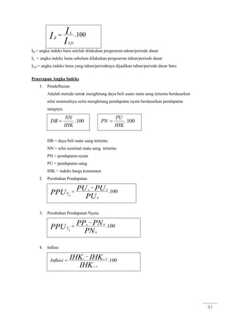 81
100.
I
I
I
LD
L
B

IB = angka indeks baru setelah dilakukan pergeseran tahun/periode dasar
IL = angka indeks lama sebelum dilakukan pergeseran tahun/periode dasar
ILD = angka indeks lama yang tahun/periodenya dijadikan tahun/periode dasar baru
Penerapan Angka Indeks
1. Pendeflasian
Adalah metode untuk menghitung daya beli suatu mata uang tertentu berdasarkan
nilai nominalnya serta menghitung pendapatan nyata berdasarkan pendapatan
uangnya.
DB = daya beli mata uang tertentu
NN = nilai nominal mata uang tertentu
PN = pendapatan nyata
PU = pendapatan uang
IHK = indeks harga konsumen
2. Perubahan Pendapatan
3. Perubahan Pendapatan Nyata
100.
0
0
0
PN
PNPPPPU n
n


4. Inflasi
100.
1
1
IHK
IHKIHK
t
tt
Inflasi




100.
IHK
NN
DB  100.
IHK
PU
PN 
100.
0
0
0
PU
PUPU
PPU n
n


 