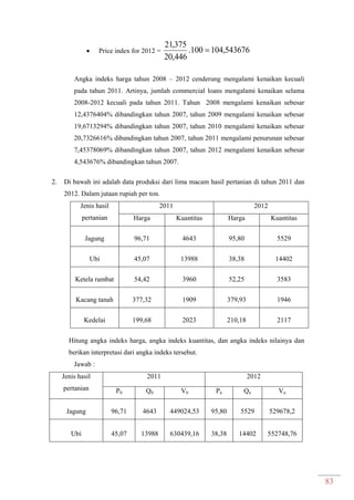 83
 Price index for 2012 = 543676,104100.
446,20
375,21

Angka indeks harga tahun 2008 – 2012 cenderung mengalami kenaikan kecuali
pada tahun 2011. Artinya, jumlah commercial loans mengalami kenaikan selama
2008-2012 kecuali pada tahun 2011. Tahun 2008 mengalami kenaikan sebesar
12,4376404% dibandingkan tahun 2007, tahun 2009 mengalami kenaikan sebesar
19,6713294% dibandingkan tahun 2007, tahun 2010 mengalami kenaikan sebesar
20,7326616% dibandingkan tahun 2007, tahun 2011 mengalami penurunan sebesar
7,45378069% dibandingkan tahun 2007, tahun 2012 mengalami kenaikan sebesar
4,543676% dibandingkan tahun 2007.
2. Di bawah ini adalah data produksi dari lima macam hasil pertanian di tahun 2011 dan
2012. Dalam jutaan rupiah per ton.
Jenis hasil
pertanian
2011 2012
Harga Kuantitas Harga Kuantitas
Jagung 96,71 4643 95,80 5529
Ubi 45,07 13988 38,38 14402
Ketela rambat 54,42 3960 52,25 3583
Kacang tanah 377,32 1909 379,93 1946
Kedelai 199,68 2023 210,18 2117
Hitung angka indeks harga, angka indeks kuantitas, dan angka indeks nilainya dan
berikan interpretasi dari angka indeks tersebut.
Jawab :
Jenis hasil
pertanian
2011 2012
P0 Q0 V0 Pn Qn Vn
Jagung 96,71 4643 449024,53 95,80 5529 529678,2
Ubi 45,07 13988 630439,16 38,38 14402 552748,76
 