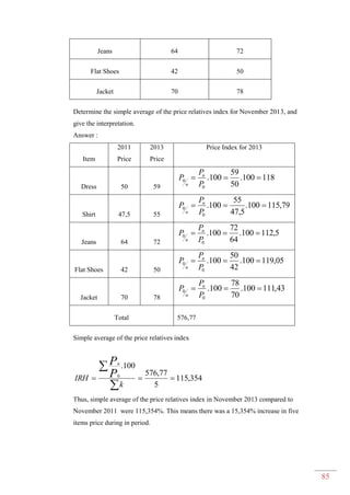 85
Jeans 64 72
Flat Shoes 42 50
Jacket 70 78
Determine the simple average of the price relatives index for November 2013, and
give the interpretation.
Answer :
Item
2011
Price
2013
Price
Price Index for 2013
Dress 50 59
118100.
50
59
100.
0
0 
P
P
P n
n
Shirt 47,5 55
79,115100.
5,47
55
100.
0
0 
P
P
P n
n
Jeans 64 72
5,112100.
64
72
100.
0
0 
P
P
P n
n
Flat Shoes 42 50
05,119100.
42
50
100.
0
0 
P
P
P n
n
Jacket 70 78
43,111100.
70
78
100.
0
0 
P
P
P n
n
Total 576,77
Simple average of the price relatives index
354,115
5
77,576
100.
0



k
IRH P
Pn
Thus, simple average of the price relatives index in November 2013 compared to
November 2011 were 115,354%. This means there was a 15,354% increase in five
items price during in period.
 