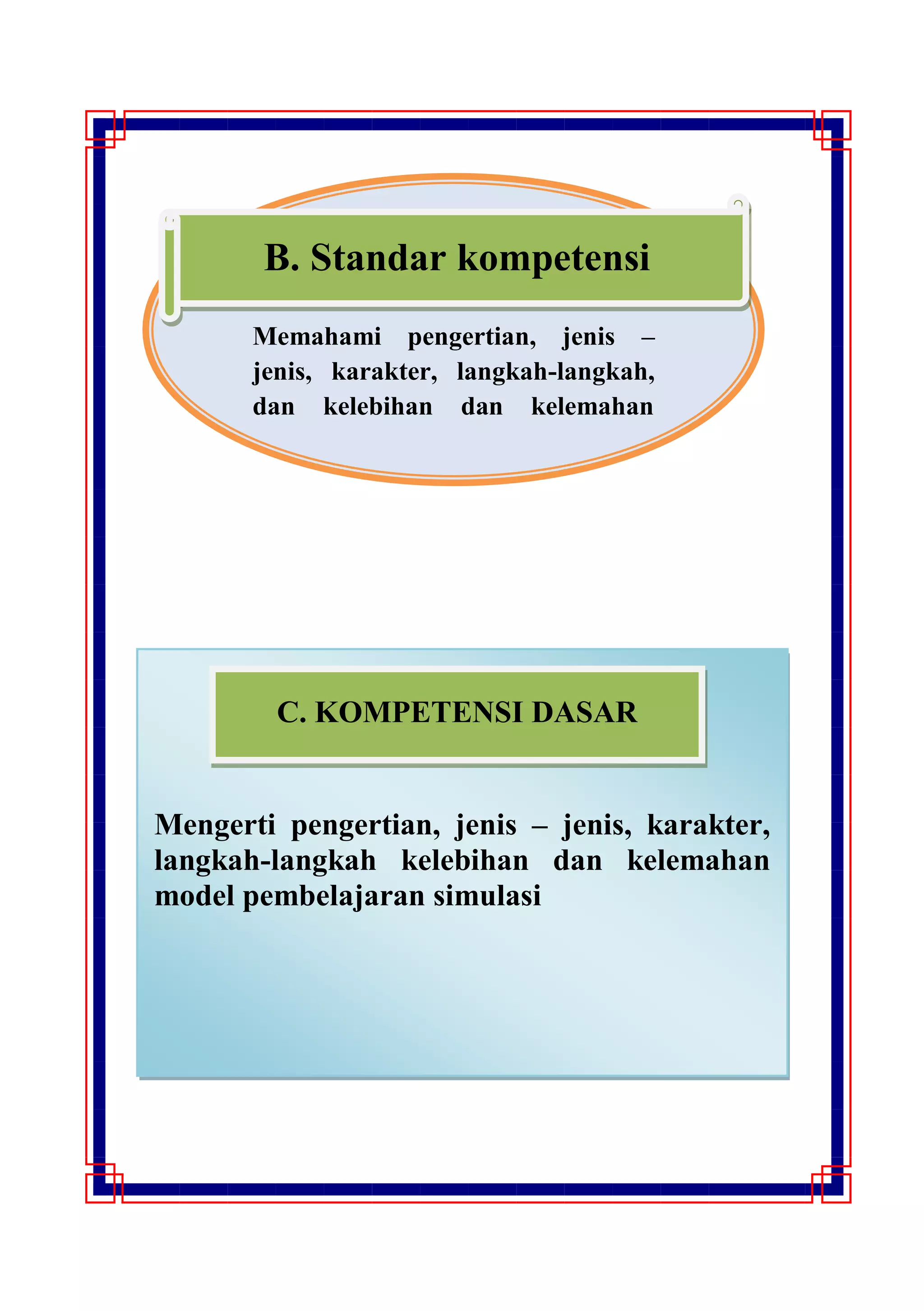 Memahami pengertian, jenis –
jenis, karakter, langkah-langkah,
dan kelebihan dan kelemahan
model pembelajaran simulasi
Mengerti pengertian, jenis – jenis, karakter,
langkah-langkah kelebihan dan kelemahan
model pembelajaran simulasi
C. KOMPETENSI DASAR
B. Standar kompetensi
 
