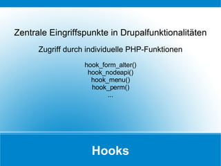 Hooks Zentrale Eingriffspunkte in Drupalfunktionalitäten Zugriff durch individuelle PHP-Funktionen hook_form_alter() hook_nodeapi() hook_menu() hook_perm() ... 