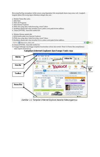 Browsing/Surfing merupakan istilah umum yang digunakan bila menjelajahi dunia maya atau web. Langkah –
langkah dalam Browsing dapat dilakukan dengan dua cara :
a. Melalui Status Bar yaitu :
1. Klik Start
2. Pilih All Programs
3. Klik Internet Explorer
4. Pilih situs yang akan Anda browsing, misal Yahoo.
5. Ketikkan alamat dari situs tersebut (www.yahoo.com) pada kolom address.
6. Tekan [ENTER]. Atau klik tombol GO
b. Melalui Destop adalah sbb:
1) Klik double pada icon Internet Explorer.
2) Pilih situs yang akan Anda browsing, misal Yahoo.
3) Ketikkan alamat dari situs tersebut (www.yahoo.com) pada kolom address.
4) Tekan [ENTER]. Atau klik tombol Go
5) Tunggu beberapa saat hingga tampilan keseluruhan selesai dan tertulis 'Done' di Status Bar.(tampilannya
akan seperti di bawah ini

 