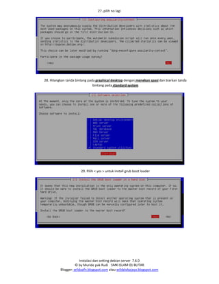 Instalasi dan setting debian server 7.6.0
© by Muride pak Rudi SMK ISLAM 01 BLITAR
Blogger: wildaafn.blogspot.com atau wildalokajaya.blogspot.com
27. pilih no lagi
28. Hilangkan tanda bintang pada graphical desktop dengan menekan spasi dan biarkan tanda
bintang pada standard system
29. Pilih < yes > untuk install grub boot loader
 