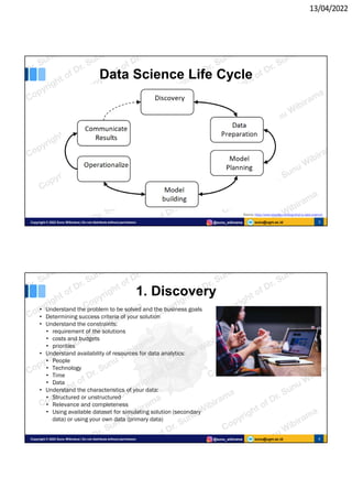 13/04/2022
sunu@ugm.ac.id
Copyright © 2022 Sunu Wibirama | Do not distribute without permission @sunu_wibirama 3
Data Science Life Cycle
Source: https://www.edureka.co/blog/what-is-data-science/
sunu@ugm.ac.id
Copyright © 2022 Sunu Wibirama | Do not distribute without permission @sunu_wibirama 4
1. Discovery
• Understand the problem to be solved and the business goals
• Determining success criteria of your solution
• Understand the constraints:
• requirement of the solutions
• costs and budgets
• priorities
• Understand availability of resources for data analytics:
• People
• Technology
• Time
• Data
• Understand the characteristics of your data:
• Structured or unstructured
• Relevance and completeness
• Using available dataset for simulating solution (secondary
data) or using your own data (primary data)
 