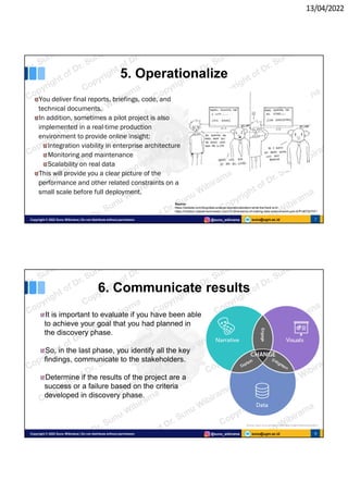 13/04/2022
sunu@ugm.ac.id
Copyright © 2022 Sunu Wibirama | Do not distribute without permission @sunu_wibirama 7
5. Operationalize
You deliver final reports, briefings, code, and
technical documents.
In addition, sometimes a pilot project is also
implemented in a real-time production
environment to provide online insight:
Integration viability in enterprise architecture
Monitoring and maintenance
Scalability on real data
This will provide you a clear picture of the
performance and other related constraints on a
small scale before full deployment.
Source:
https://dotdata.com/blog/data-science-operationalization-what-the-heck-is-it/
https://medium.datadriveninvestor.com/10-dimensions-of-making-data-science-work-part-8-ff1d672b7571
sunu@ugm.ac.id
Copyright © 2022 Sunu Wibirama | Do not distribute without permission @sunu_wibirama 8
6. Communicate results
It is important to evaluate if you have been able
to achieve your goal that you had planned in
the discovery phase.
So, in the last phase, you identify all the key
findings, communicate to the stakeholders.
Determine if the results of the project are a
success or a failure based on the criteria
developed in discovery phase.
Source: https://www.annalect.fi/actionable-insights-data-presentation/
 