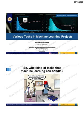 13/04/2022
sunu@ugm.ac.id
Copyright © 2022 Sunu Wibirama | Do not distribute without permission @sunu_wibirama 1
Sunu Wibirama
sunu@ugm.ac.id
Department of Electrical and Information Engineering
Faculty of Engineering
Universitas Gadjah Mada
INDONESIA
Various Tasks in Machine Learning Projects
Kecerdasan Buatan | Artificial Intelligence
Version: January 2022
sunu@ugm.ac.id
Copyright © 2022 Sunu Wibirama | Do not distribute without permission @sunu_wibirama 2
So, what kind of tasks that
machine learning can handle?
 