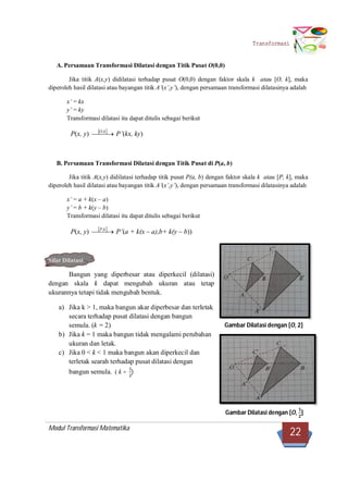 Modul Transformasi Matematika
22
Transformasi
A. Persamaan Transformasi Dilatasi dengan Titik Pusat O(0,0)
Jika titik A(x,y) didilatasi terhadap pusat O(0,0) dengan faktor skala k atau [O, k], maka
diperoleh hasil dilatasi atau bayangan titik A’(x’,y’), dengan persamaan transformasi dilatasinya adalah
x’ = kx
y’ = ky
Transformasi dilatasi itu dapat ditulis sebagai berikut
P(x, y)  
  kO,
P’(kx, ky)
B. Persamaan Transformasi Dilatasi dengan Titik Pusat di P(a, b)
Jika titik A(x,y) didilatasi terhadap titik pusat P(a, b) dengan faktor skala k atau [P, k], maka
diperoleh hasil dilatasi atau bayangan titik A’(x’,y’), dengan persamaan transformasi dilatasinya adalah
x’ = a + k(x – a)
y’ = b + k(y – b)
Transformasi dilatasi itu dapat ditulis sebagai berikut
P(x, y)  
  kP,
P’(a + k(x – a),b+ k(y – b))
Sifat Dilatasi
Bangun yang diperbesar atau diperkecil (dilatasi)
dengan skala k dapat mengubah ukuran atau tetap
ukurannya tetapi tidak mengubah bentuk.
a) Jika k > 1, maka bangun akar diperbesar dan terletak
secara terhadap pusat dilatasi dengan bangun
semula. (k = 2)
b) Jika k = 1 maka bangun tidak mengalami perubahan
ukuran dan letak.
c) Jika 0 < k < 1 maka bangun akan diperkecil dan
terletak searah terhadap pusat dilatasi dengan
bangun semula. ( k = )
Gambar Dilatasi dengan [O, 2]
Gambar Dilatasi dengan [O, ]
 
