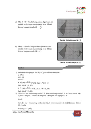 Modul Transformasi Matematika
23
Transformasi
d) Jika –1 < k < 0 maka bangun akan diperkecil dan
terletak berlawanan arah terhadap pusat dilatasi
dengan bangun semula. ( k = - )
e) Jika k < –1 maka bangun akan diperbesar dan
terletak berlawanan arah terhadap pusat dilatasi
dengan bangun semula. ( k = -2)
Contoh
1) Tentukanlah bayangan titik P(5, 6) jika didilatasikan oleh:
a. [O, 2]
b.[O, 3]
Jawab :
a. P(5, 6)
 
 2,O
P’(5.2, 6.2) = P’(10, 12)
Jadi, titik P’(10, 12)
b. P(5, 6)
 
 3,O
P’(5.3, 6.3) = P’(15, 18)
Jadi, titik P’(15, 18)
2) Garis 2x – 3y = 6 memotong sumbu X di A dan memotong sumbu Y di B. Karena dilatasi [O,-
2], titik A menjadi A’ dan titik B menjadi B’. Hitunglah luas segitiga OA’B’
Jawab :
Garis 2x – 3y = 6 memotong sumbu X di A(3,0) memotong sumbu Y di B(0,2) karena dilatasi
[O,-2] maka
A’(kx,ky)→ A’(-6,0)
Gambar Dilatasi dengan [O,- ]
Gambar Dilatasi dengan [O,-2]
 