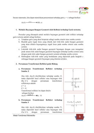 Modul Transformasi Matematika
6
Transformasi
sumbu X
y=x
Secara matematis, kita dapat menuliskan pencerminan terhadap garis y = x sebagai berikut:
A(a,b) D(b, a)
1. Melukis Bayangan Bangun Geometri oleh Refleksi terhadap Garis tertentu.
Prosedur yang ditempuh untuk melukis bayangan geometri oleh refleksi terhadap
garis tertentu adalah sebagi berikut;
a. Tetapkan garis yang akan berperan sebagi sumbu simetri atau sumbu cermin
b. Buatlah garis tegak lurus yang ditarik dari titik-titik sudut bangun geometri
yang akan dilukis bayangannya, tegak lurus pada sumbu simetri atau sumbu
cermin.
c. Lukislah titik-titik sudut bangun geometri bayangan dengan cara mengukur
jarak antara titik sudut bangun geometri bayangan terhadap sumbu cermin sama
dengan jarak titik sudut bangun geometri semula terhadap sumbu cermin
d. Hubungkan titik-titik sudut yang berdekatan yang diperoleh pada langkah c
sehingga bangun geometri bayangan yang diminta terlukis.
2. Persamaan Transformasi Refleksi pada Bidang
a. Persamaan Transformasi Refleksi terhadap
Sumbu X
Jika titik A(a,b) direfleksikan terhadap sumbu X,
maka diperoleh hasil refleksi atau bayangan titik
B(a’,b’), dengan persamaan transformasi
refleksinya adalah
a’= a
b’= -b
Transformasi refleksi itu dapat ditulis
sebagai berikut
A(a,b) B(a, b)
b. Persamaan Transformasi Refleksi terhadap
Sumbu Y
Jika titik A(a,b) direfleksikan terhadap sumbu Y,
maka diperoleh hasil refleksi atau bayangan titik
C(a’,b’), dengan persamaan transformasi
 