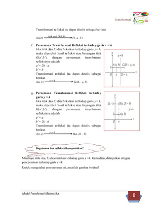 Modul Transformasi Matematika
8
Transformasi
titik asal O(0, 0)
x = h
y = b
Transformasi refleksi itu dapat ditulis sebagai berikut
A(a,b)  F(- a, -b)
f. Persamaan Transformasi Refleksi terhadap garis x = h
Jika titik A(a,b) direfleksikan terhadap garis x= h,
maka diperoleh hasil refleksi atau bayangan titik
G(a’,b’), dengan persamaan transformasi
refleksinya adalah
a’= 2h - a
b’= b
Transformasi refleksi itu dapat ditulis sebagai
berikut
A(a, b)  G(2h – a, b)
g. Persamaan Transformasi Refleksi terhadap
garis y = k
Jika titik A(a,b) direfleksikan terhadap garis y= k,
maka diperoleh hasil refleksi atau bayangan titik
H(a’,b’), dengan persamaan transformasi
refleksinya adalah
a’= a
b’= 2k - b
Transformasi refleksi itu dapat ditulis sebagai
berikut
A(x, y)  (a, 2k - b)
Bagaimana dua refleksi dikomposisikan?
Misalnya, titik A(a, b) dicerminkan terhadap garis x =h. Kemudian, dilanjutkan dengan
pencerminan terhadap garis x =k.
Untuk mengetahui pencerminan ini, amatilah gambar berikut!
 