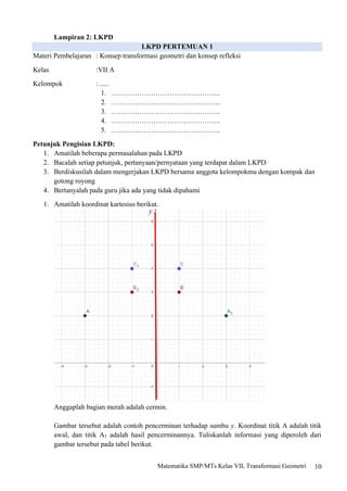 10
Matematika SMP/MTs Kelas VII, Transformasi Geometri
Lampiran 2: LKPD
LKPD PERTEMUAN 1
Materi Pembelajaran : Konsep transformasi geometri dan konsep refleksi
Kelas :VII A
Kelompok : .....
1. ………………………………………..
2. ………………………………………..
3. ………………………………………..
4. ………………………………………..
5. ………………………………………..
Petunjuk Pengisian LKPD:
1. Amatilah beberapa permasalahan pada LKPD
2. Bacalah setiap petunjuk, pertanyaan/pernyataan yang terdapat dalam LKPD
3. Berdiskusilah dalam mengerjakan LKPD bersama anggota kelompokmu dengan kompak dan
gotong royong
4. Bertanyalah pada guru jika ada yang tidak dipahami
1. Amatilah koordinat kartesius berikut.
Anggaplah bagian merah adalah cermin.
Gambar tersebut adalah contoh pencerminan terhadap sumbu y. Koordinat titik A adalah titik
awal, dan titik A1 adalah hasil pencerminannya. Tuliskanlah informasi yang diperoleh dari
gambar tersebut pada tabel berikut.
y
 