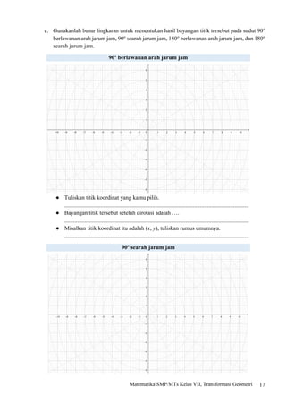 17
Matematika SMP/MTs Kelas VII, Transformasi Geometri
c. Gunakanlah busur lingkaran untuk menentukan hasil bayangan titik tersebut pada sudut 90o
berlawanan arah jarum jam, 90o
searah jarum jam, 180o
berlawanan arah jarum jam, dan 180o
searah jarum jam.
90o
berlawanan arah jarum jam
● Tuliskan titik koordinat yang kamu pilih.
................................................................................................................................
● Bayangan titik tersebut setelah dirotasi adalah ….
................................................................................................................................
● Misalkan titik koordinat itu adalah (x, y), tuliskan rumus umumnya.
................................................................................................................................
90o
searah jarum jam
 