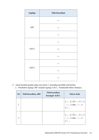 21
Matematika SMP/MTs Kelas VII, Transformasi Geometri
Segitiga Titik Koordinat
ABC
…
…
…
A1B1C1
…
…
…
A2B2C2
…
…
…
2. Amati kembali gambar pada soal nomor 1, kemudian jawablah soal berikut.
a. Perubahan segitiga ABC menjadi segitiga A1B1C1. Tentukanlah faktor skalanya.
No Titik Koordinat ABC
Titik koordinat
bayangan A1B1C1
Faktor skala
1
2
 