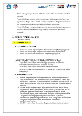 - Peserta didik reguler/tipikal: umum, tidak ada kesulitan dalam mencerna dan memahami
materi ajar.
- Peserta didik dengan kesulitan belajar: memiliki gaya belajar yang terbatas hanya satu
gaya misalnya dengan audio. Memiliki kesulitan dengan bahasa dan pemahaman materi
ajar, kurang percaya diri, kesulitan berkonsentrasi jangka panjang, dsb.
- Peserta didik dengan pencapaian tinggi: mencerna dan memahami dengan cepat, mampu
mencapai keterampilan berfikir aras tinggi (HOTS), dan memiliki keterampilan
memimpin.)
2. MODEL PEMBELAJARAN
- Cooperative Learning
2. KOMPONEN INTI
A. TUJUAN PEMBELAJARAN
- Peserta didik/konseli dapat mengetahui dan memahami hidup bertanggung jawab
- Peserta didik/konseli dapat mengetahui manfaat hidup bertanggung jawab
- Peserta didik/konseli mau membiasakan hidup bertanggung jawab
A. KRITERIA KETERCAPAIAN TUJUAN PEMBELAJARAN
- Peserta didik/konseli dapat mengetahui dan memahami perilaku atau
pembiasaan cara memilih teman yang telah dipelajari
- Peserta didik/konseli dapat mengetahui cara memilih teman
- Peserta didik/konseli mau membiasakan diri untuk bisa mencari teman dalam
kehidupannya
B. BERDIFERENSIASI
a. Konten: Pengembangan 3 konten pembelajaran, konten bagi peserta didik
yang belum membaca dan belum memahami materi prasyarat , konten bagi
peserta didik yang sudah membaca tapi belum memahami materi prasyarat dan
konten bagi peserta didik yang sudah membaca dan sudah memahami materi
prasyarat
b. Proses: Bagi peserta didik yang belum memahami materi prasyarat akan
mendapatkan porsi lebih dari guru sebagai mentor, sementara bagi peserta
didik yang sudah siap belajar akan melakukan pembelajaran secara
berkelompok dengan peran guru sebagai fasilitator, bagi bagi peserta didik
yang sudah siap belajar dan paham akan materi akan melakukan
pembelajaran secara berkelompok dengan peran guru sebagai fasilitator dan
anak akan menjadi mentor bagi rekannya yang memerlukan
pendampingan/bantuan
c. Produk : Hasil belajar disesuaikan dengan minat dan bakat peserta didik
 