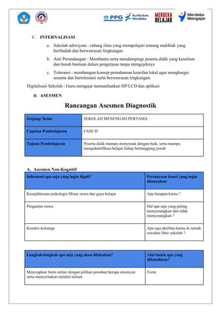 C. INTERNALISASI
a. Sekolah adiwiyata : cabang ilmu yang mempelajari tentang makhluk yang
beribadah dan berwawasan lingkungan
b. Anti Perundungan : Membantu serta mendampingi peserta didik yang kesulitan
dan butuh bantuan dalam pengerjaan tanpa mengejeknya
c. Toleransi : membangun konsep pemahaman kearifan lokal agar menghargai
sesama dan bertoleransi serta berwawasan lingkungan.
Digitalisasi Sekolah : Guru mengajar memanfaatkan HP/LCD dan aplikasi
D. ASESMEN
Rancangan Asesmen Diagnostik
Jenjang/ Kelas SEKOLAH MENENGAH PERTAMA
Capaian Pembelajaran FASE D
Tujuan Pembelajaran Peserta didik mampu menyimak dengan baik, serta mampu
mengidentifikasi belajar hidup bertanggung jawab
A. Asesmen Non-Kognitif
Informasi apa saja yang ingin digali? Pertanyaan kunci yang ingin
ditanyakan
Kesejahteraan psikologis Minat siswa dan gaya belajar Apa harapan kamu ?
Pergaulan siswa Hal apa saja yang paling
menyenangkan dan tidak
menyenangkan ?
Kondisi keluarga Apa saja aktifitas kamu di rumah
sewaktu libur sekolah ?
Langkah-langkah apa saja yang akan dilakukan? Alat bantu apa yang
dibutuhkan?
Menyiapkan form online dengan pilihan jawaban berupa emoticon
serta menceritakan melalui tulisan
Form
 