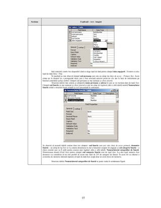 Secţiune                                                  Explicaţii – text - imagini




                       Iată controlul combo box disponibil când se alege tipul de dată pentru câmpul data angajarii.. Evident s-a ales
           tipul de dată Data / Time.
                       În machetă se mai observă câmpul cod persoana care este un câmp tip cheie de acces – Primary Key. Acest
           câmp are în dreptul lui o pictogramă cheie care a fost selectată anterior printr-un clic dat în bara de instrumente pe
           butonul conţinând acelaşi simbol. Câmpul cod persoana se mai numeşte şi cheie internă.
                       Structura tabelei mai conţine şi câmpurile nume persoana şi adresa în care se vor memora date de tipul Text.
           Câmpul cod functie se mai numeşte şi cheie externă şi este un câmp de legătură către o altă tabelă numită Nomenclator
           functii având o structură foarte simplă ce va fi prezentată în continuare.




           Se observă că această tabelă conţine doar trei câmpuri: cod functie care aici este cheie de acces primară, denumire
           functie – un câmp de tip Text ce va conţine denumirea în clar a funcţiilor ocupate de angajaţi şi cod categorie functie – o
           cheie externă care va fi utilă pentru crearea unei legături către o altă tabelă: Nomenclatorul categoriilor de functii.
           Dimensiunea aleasă (Field Size) pentru câmpul cod categorie functie este de tipul byte. S-a ales tipul numeric byte
           deoarece s-a considerat că nu este posibil să existe mai mult de 255 de categorii de funcţii. În acest fel s-a obţinut o
           economie de memorie datorată faptului că tipul de dată byte ocupă doar un octet (byte) de memorie.

                      Structura tabelei Nomenclatorul categoriilor de functii se poate vedea în următoarea figură:




                                                            15
 