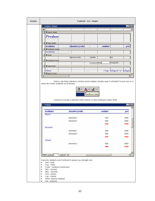 Secţiune                                                     Explicaţii – text - imagini




                            Pentru o mai bună evidenţiere, culoarea acestor câmpuri calculate poate fi schimbată. În acest sens se va
           utiliza din Toolbar următorul set de butoane:




                            Lansarea în execuţie a raportului astfel construit va afişa următoarea situaţie finală:




           Expresiile standard ce pot fi utilizate în rapoarte sau interogări sunt:
           ·    Sum –sumă
           ·    Avg – medie
           ·    Count – numărare (contorizare)
           ·    Min – minimul
           ·    Max – maximul
           ·    First – primul
           ·    Last – ultimul
           ·    StDev- abaterea standard
           ·    Var – dispersia.




                                                               65
 