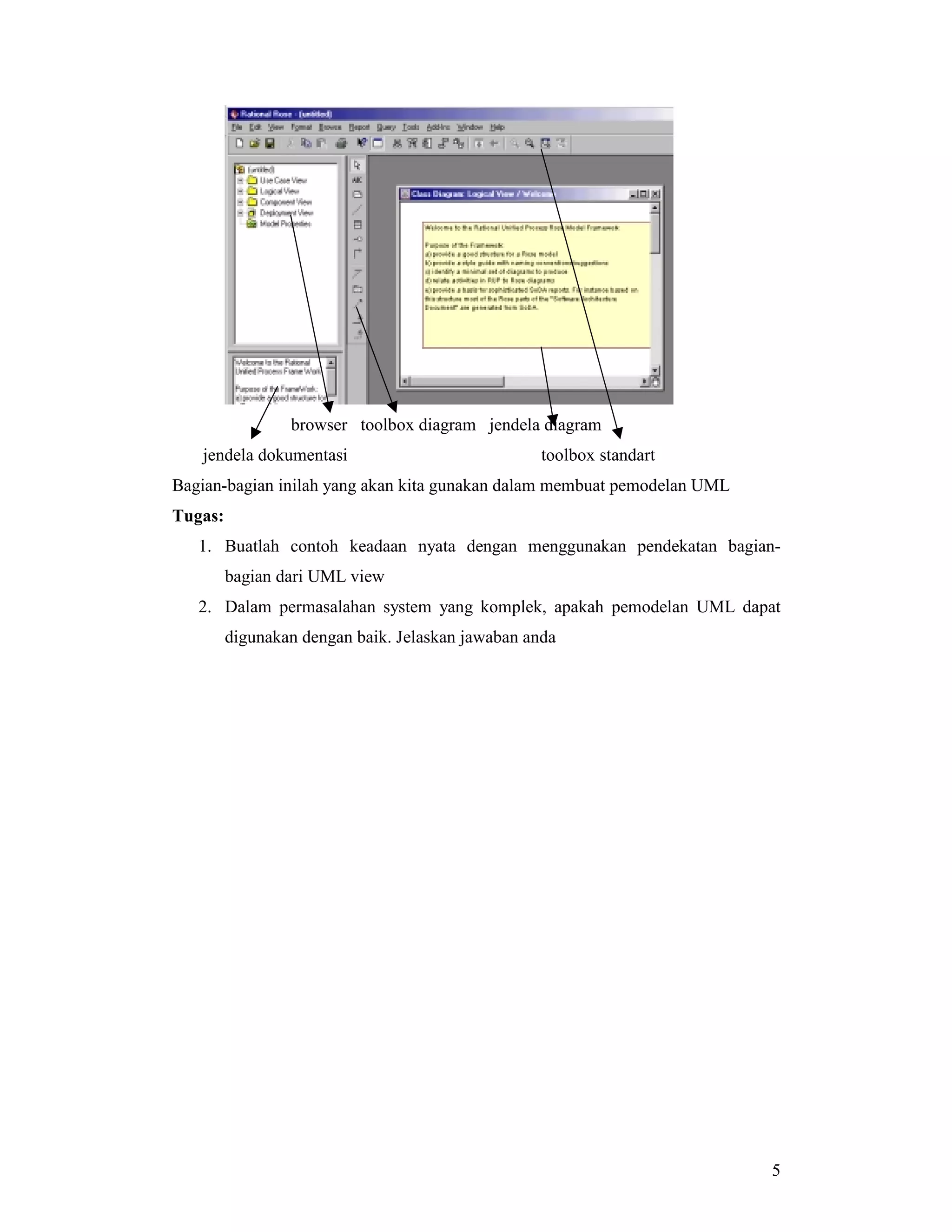 5
browser toolbox diagram jendela diagram
jendela dokumentasi toolbox standart
Bagian-bagian inilah yang akan kita gunakan dalam membuat pemodelan UML
Tugas:
1. Buatlah contoh keadaan nyata dengan menggunakan pendekatan bagian-
bagian dari UML view
2. Dalam permasalahan system yang komplek, apakah pemodelan UML dapat
digunakan dengan baik. Jelaskan jawaban anda
 