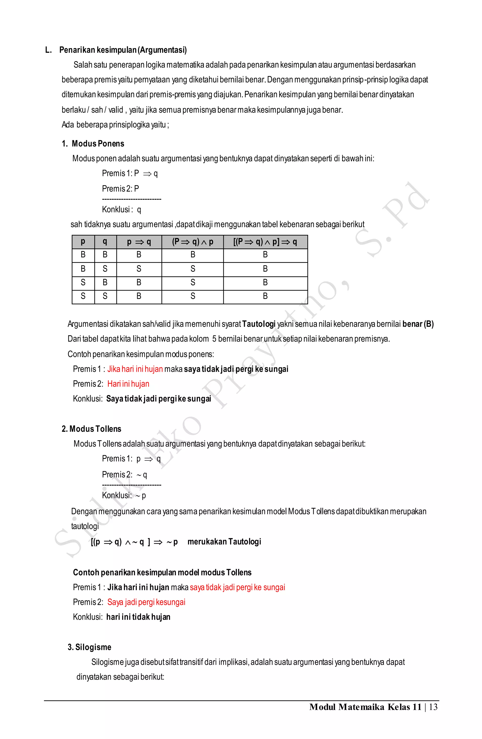 Modul Matemaika Kelas 11 | 13
L. Penarikan kesimpulan(Argumentasi)
Salahsatu penerapanlogikamatematikaadalahpadapenarikankesimpulanatauargumentasi berdasarkan
beberapapremisyaitupernyataan yang diketahuibernilaibenar.Denganmenggunakanprinsip-prinsiplogikadapat
ditemukankesimpulandaripremis-premisyangdiajukan.Penarikankesimpulanyangbernilaibenardinyatakan
berlaku/ sah/ valid , yaitu jika semuapremisnyabenarmakakesimpulannyajugabenar.
Ada beberapaprinsiplogikayaitu;
1. ModusPonens
Modusponenadalahsuatu argumentasiyangbentuknya dapat dinyatakanseperti di bawahini:
Premis1: P  q
Premis2: P
-------------------------
Konklusi: q
sah tidaknya suatu argumentasi,dapatdikajimenggunakantabel kebenaransebagaiberikut
p q p  q (P  q)  p [(P  q)  p]  q
B B B B B
B S S S B
S B B S B
S S B S B
Argumentasi dikatakan sah/valid jikamemenuhi syaratTautologi yaknisemuanilaikebenaranyabernilai benar(B)
Daritabel dapatkita lihat bahwapadakolom 5 bernilaibenaruntuksetiapnilaikebenaranpremisnya.
Contohpenarikankesimpulanmodusponens:
Premis1 : Jikahari inihujan makasayatidakjadi pergi kesungai
Premis2: Hariinihujan
Konklusi: Sayatidakjadi pergikesungai
2. ModusTollens
ModusTollensadalahsuatuargumentasiyangbentuknya dapatdinyatakan sebagaiberikut:
Premis1: p  q
Premis2:  q
-------------------------
Konklusi:  p
Denganmenggunakan carayangsamapenarikankesimulanmodelModusTollensdapatdibuktikanmerupakan
tautologi
[(p  q)   q ]   p merukakan Tautologi
Contoh penarikan kesimpulan model modusTollens
Premis1 : Jikahari ini hujan makasayatidak jadi pergike sungai
Premis2: Saya jadipergikesungai
Konklusi: hari ini tidakhujan
3. Silogisme
Silogismejugadisebutsifattransitif dari implikasi,adalahsuatuargumentasiyangbentuknya dapat
dinyatakan sebagaiberikut:
 